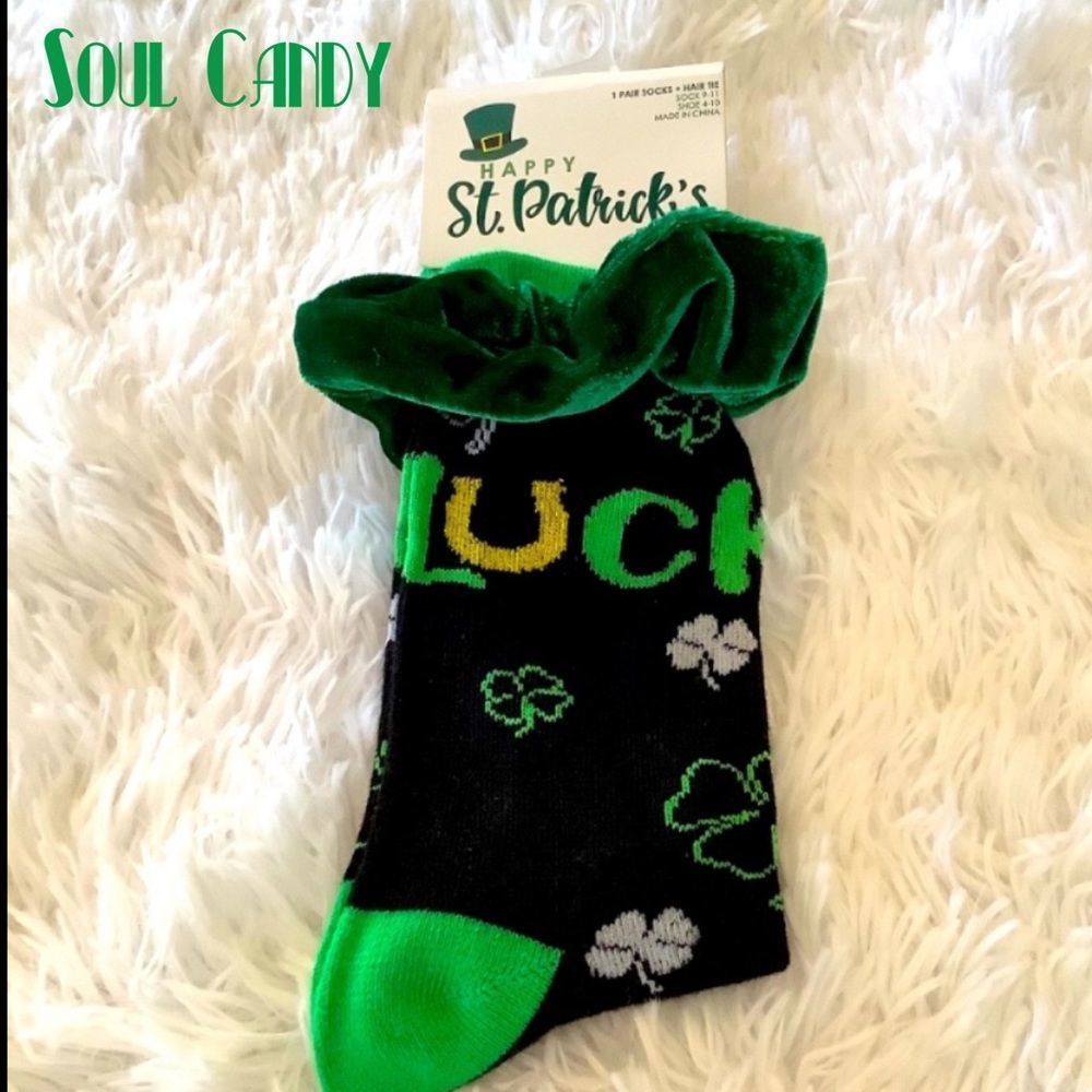 St. Patrick’s Day novelty crew sock with green velvet scrunchie